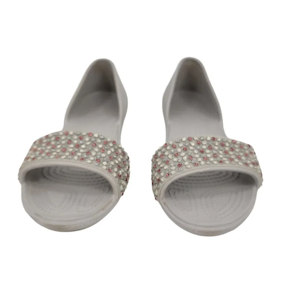 CROCS Size 5 Lina D'orsay Embellishes Flats Open Toe Gray Pink Slip On Womens - Picture 2 of 8